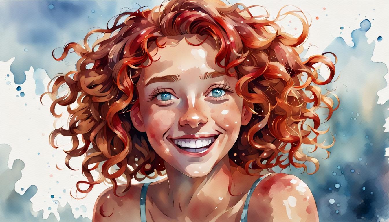 Laughing Woman with Red Hair, Digital Watercolor