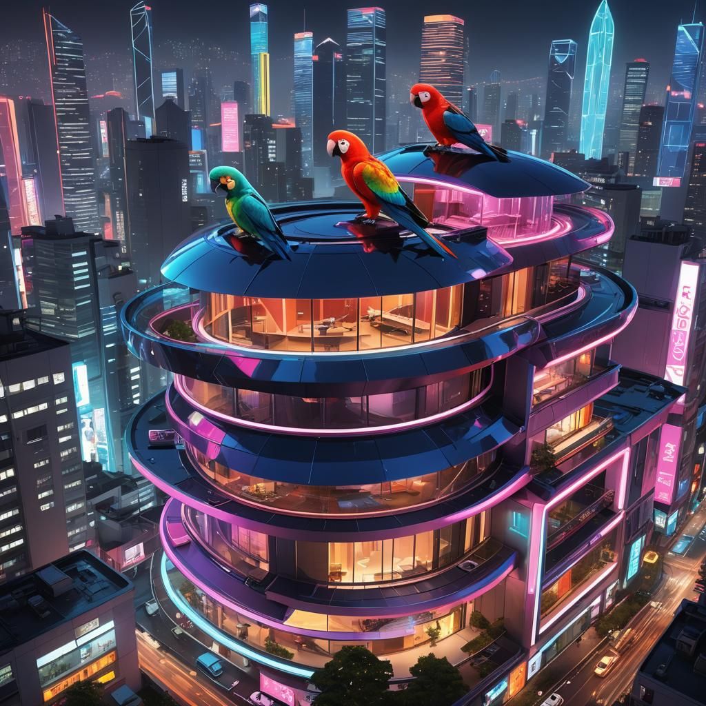 Futuristic Seoul Parrots in Neon Concept Art