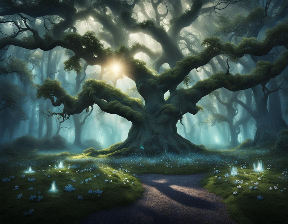 Mystical Forest Glade at Twilight in Digital Painting Style