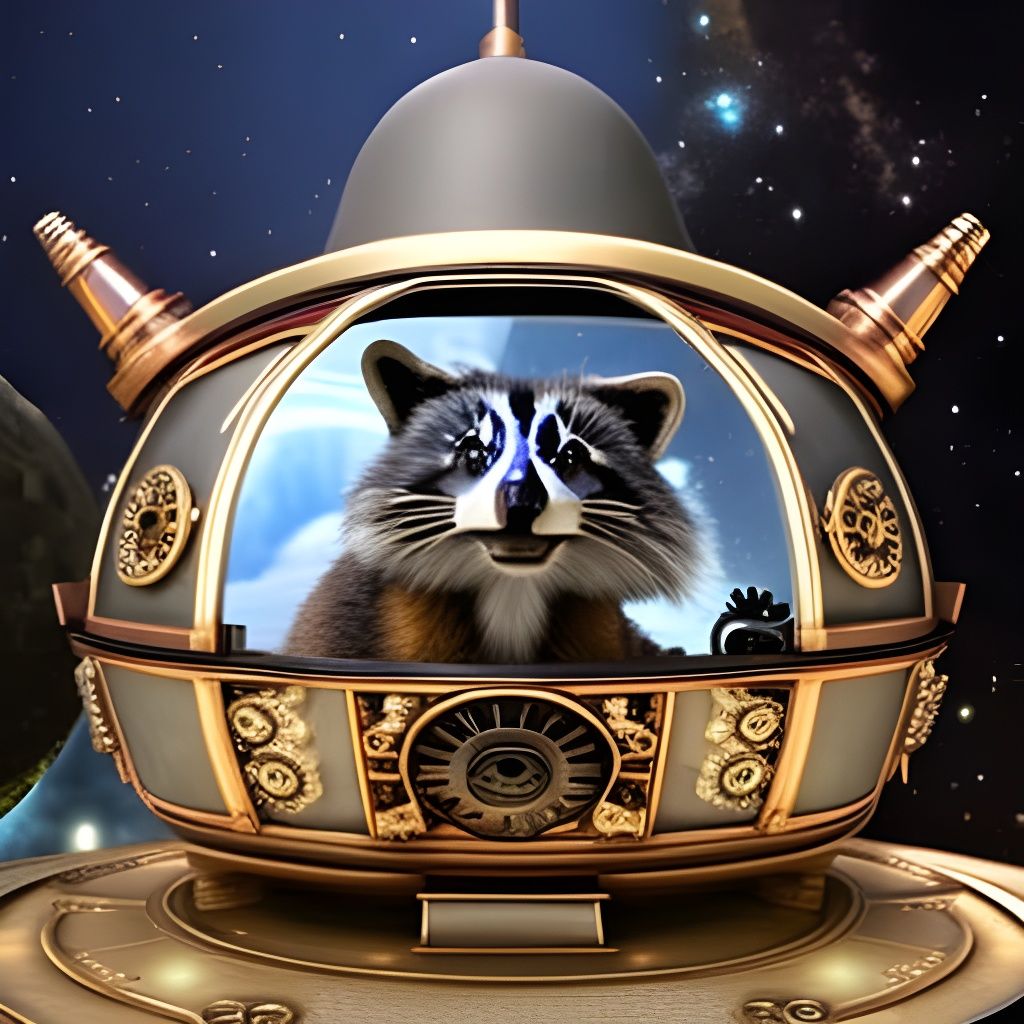 raccoon driving a steampunk space shuttle