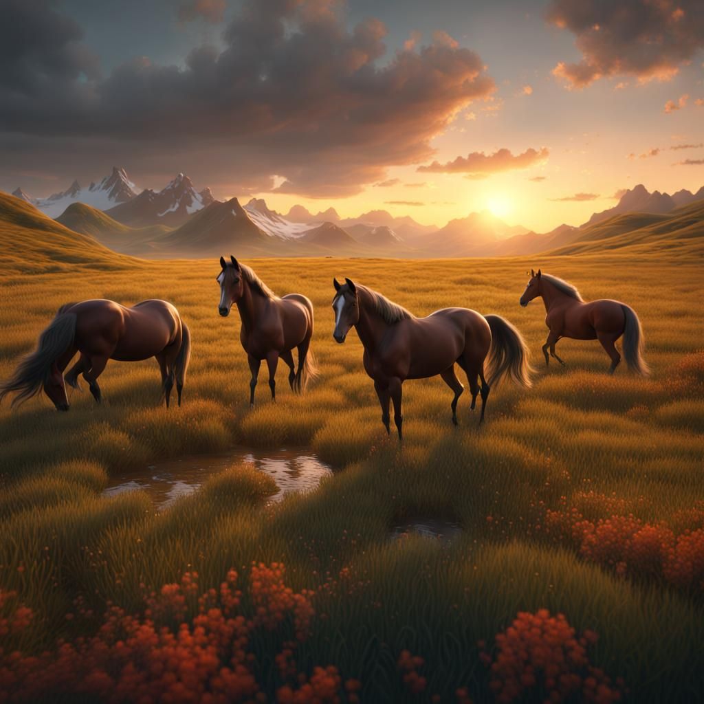 Horses Grazing in a Green Mountain Field