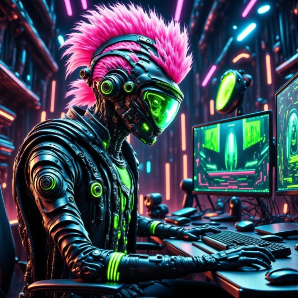 Cyberpunk Admiral Ackbar with Pink Mohawk on Desk