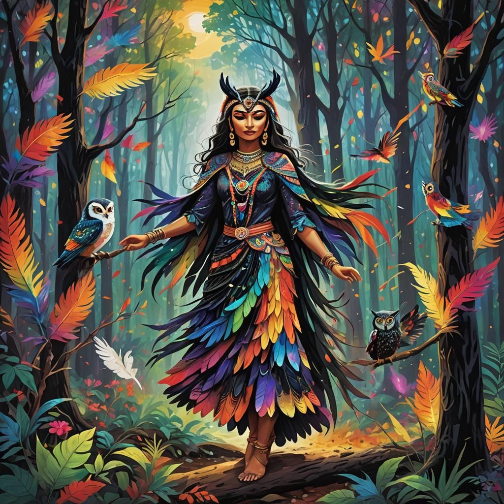 Mystical Rainbow Owl in Cubist Forest Scene
