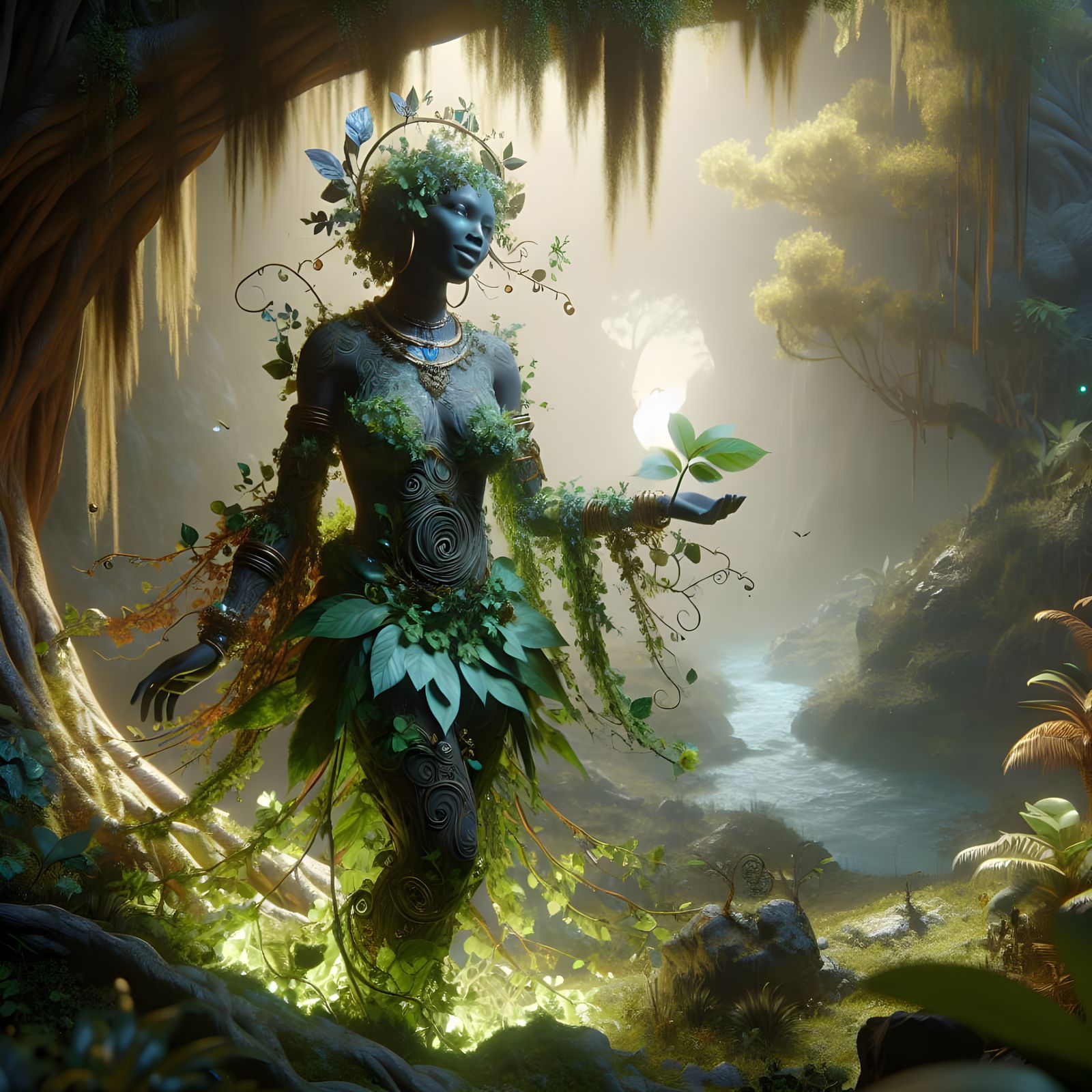 Majestic Nature Goddess in Lush Forest Surrounds