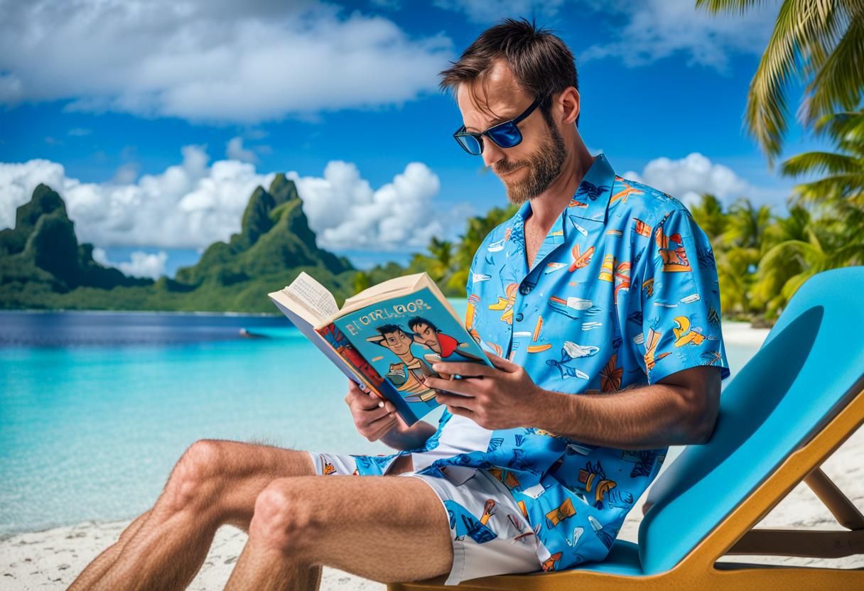 Cartoon Man Reads Book in Bora Bora
