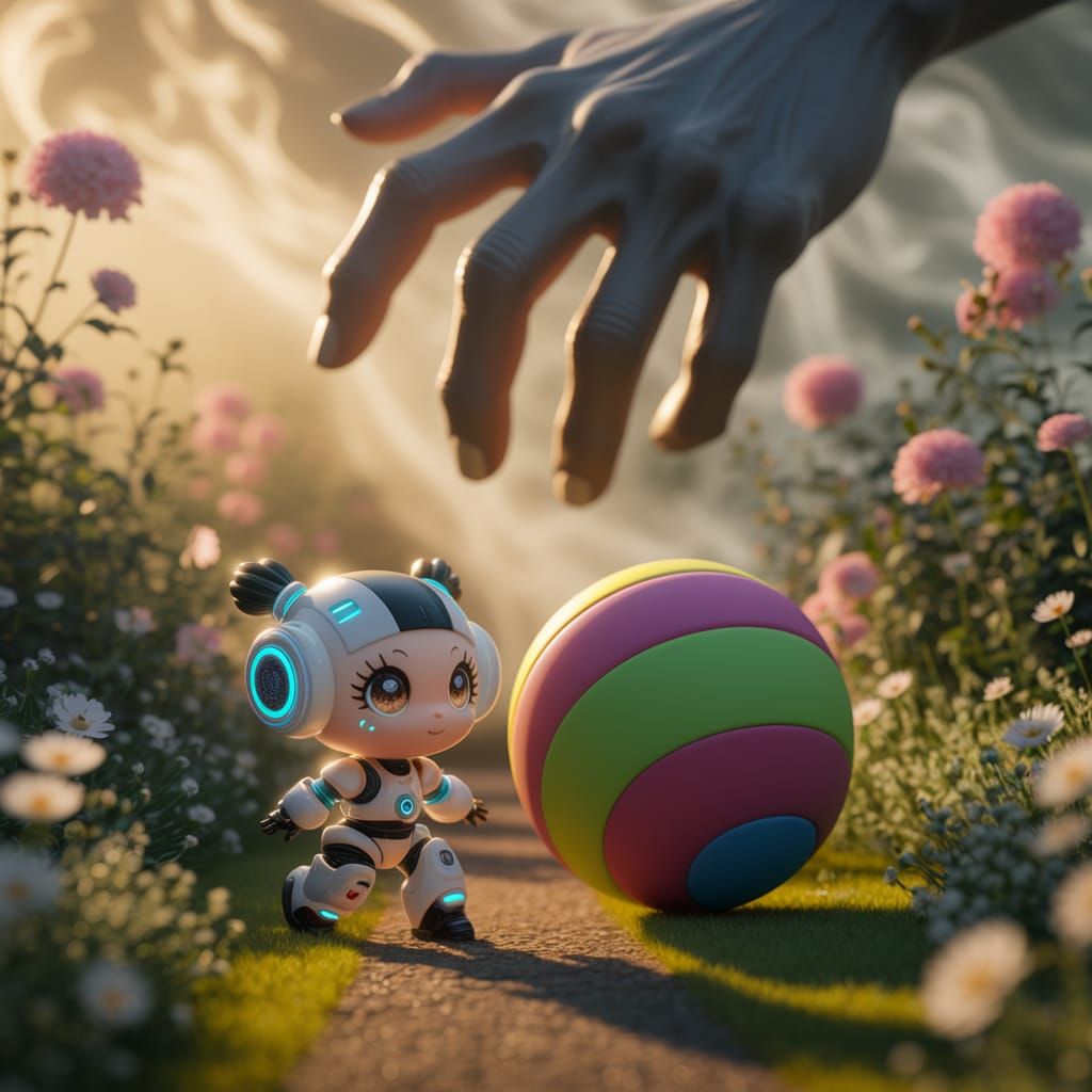 Kawaii Robot Girl Plays in Vibrant Garden with Looming Hand