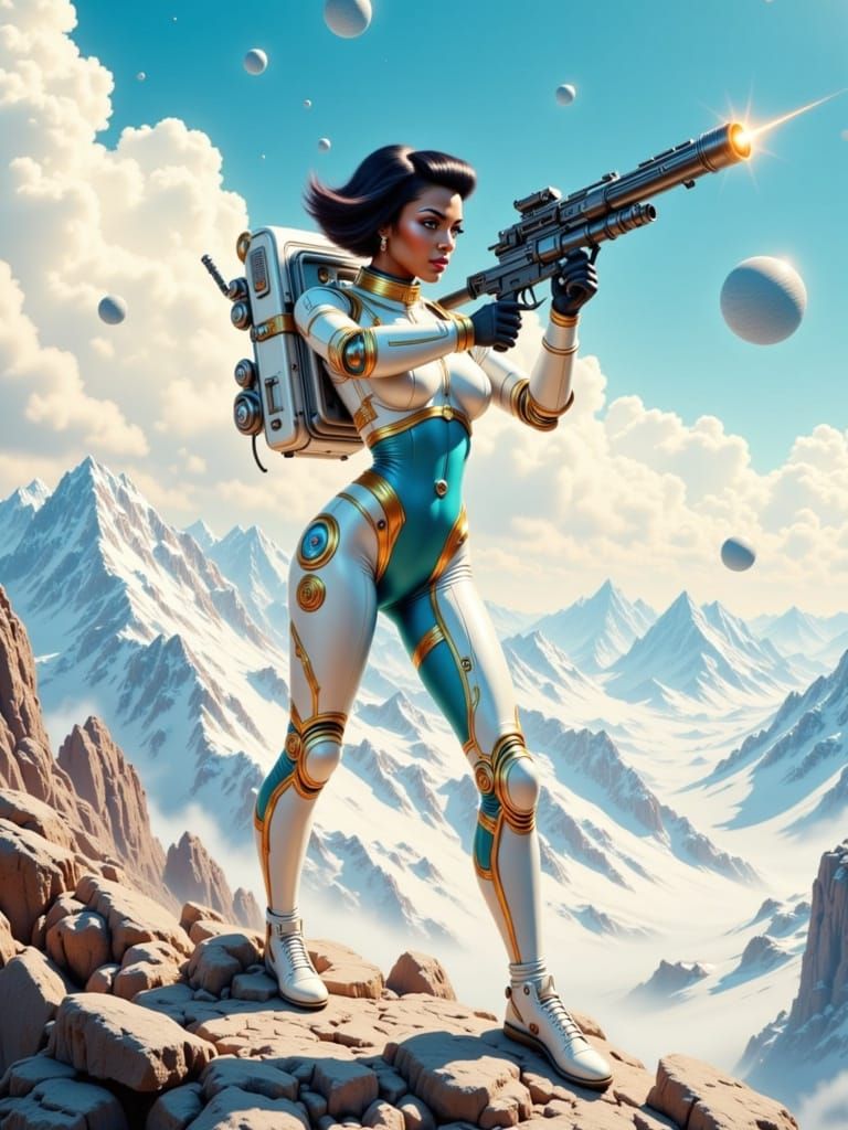 Retro-Futuristic Woman Warrior on Rocky Planet in Vintage Sc...