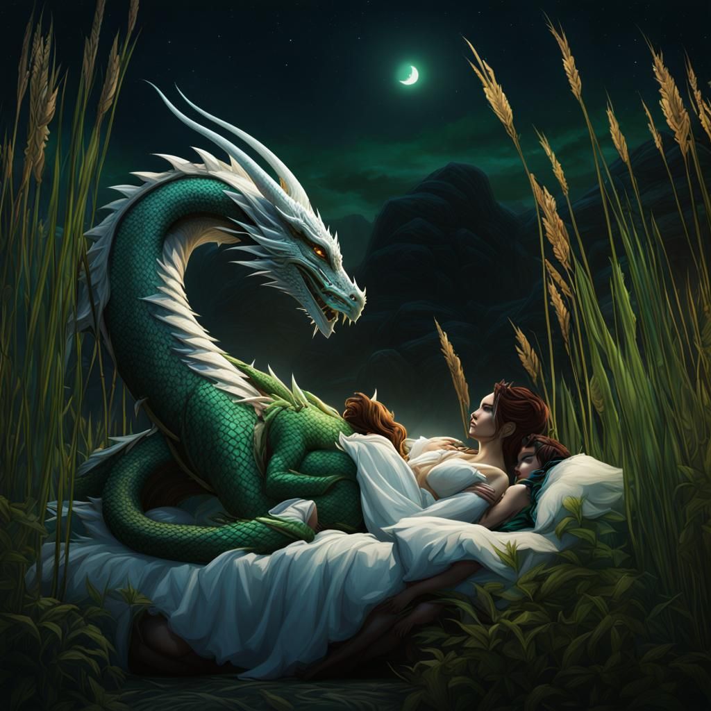 Dragonborn Embrace Under Night Sky: Fantasy Concept Art