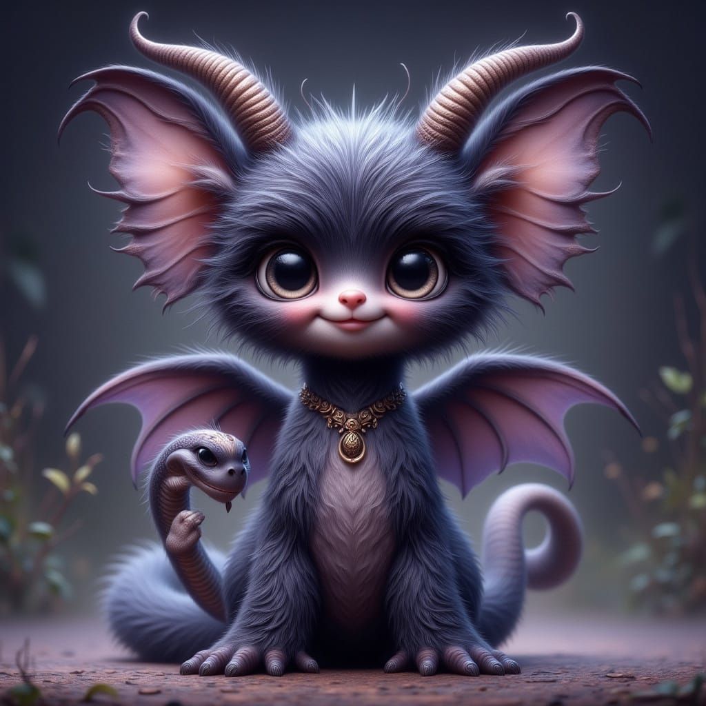 Fluffy Mythical Creature with Horns and Wings