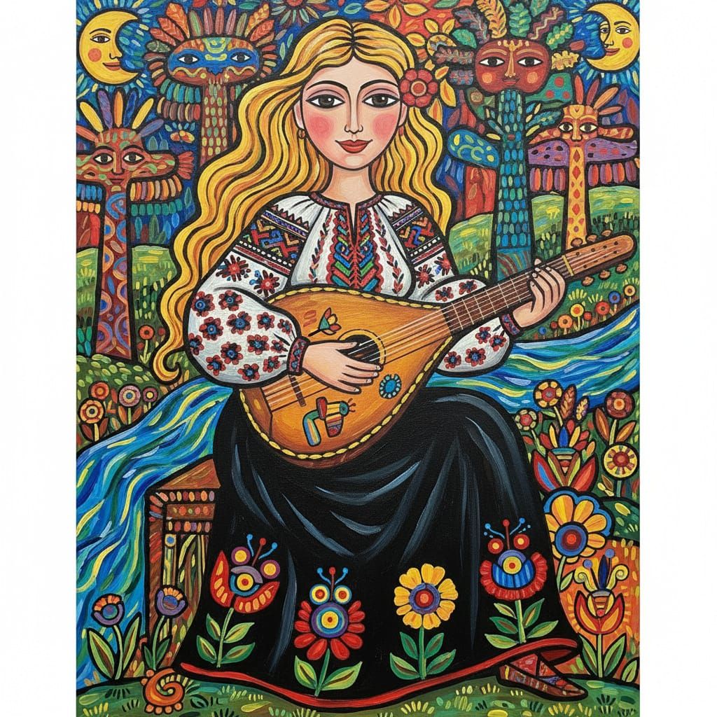Ukrainian Woman Plays Bandura in Folk Art Style