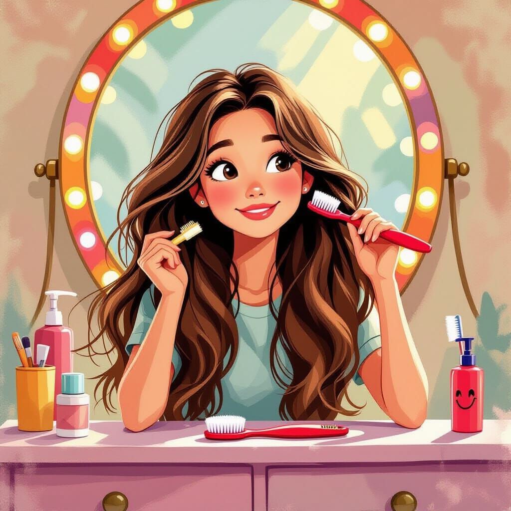 Girl Brushing Hair with Smiley Toothbrush in Gouache Style