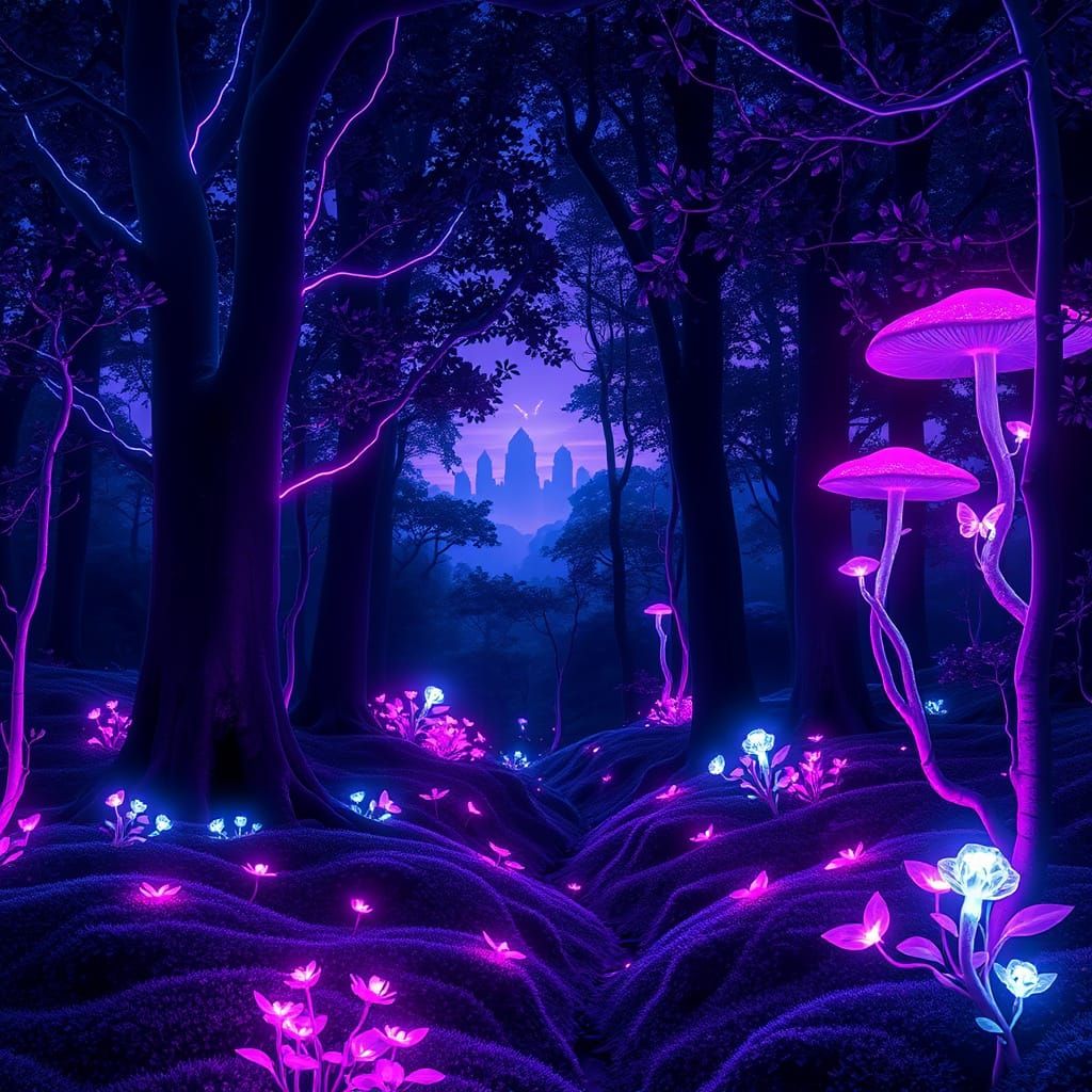 Surreal Neon Forest Illuminated by Electric Magic