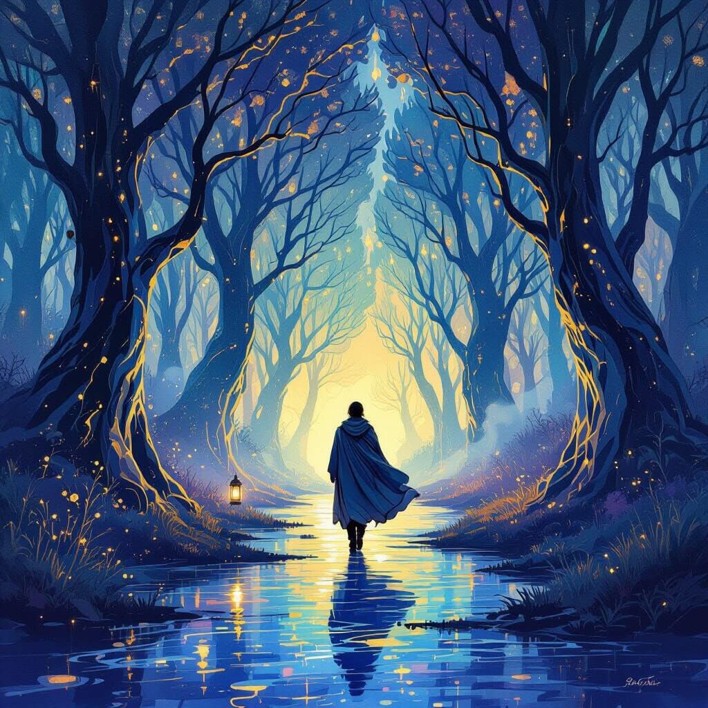 Luminescent Forest: Traveler in a Dreamlike Twilight