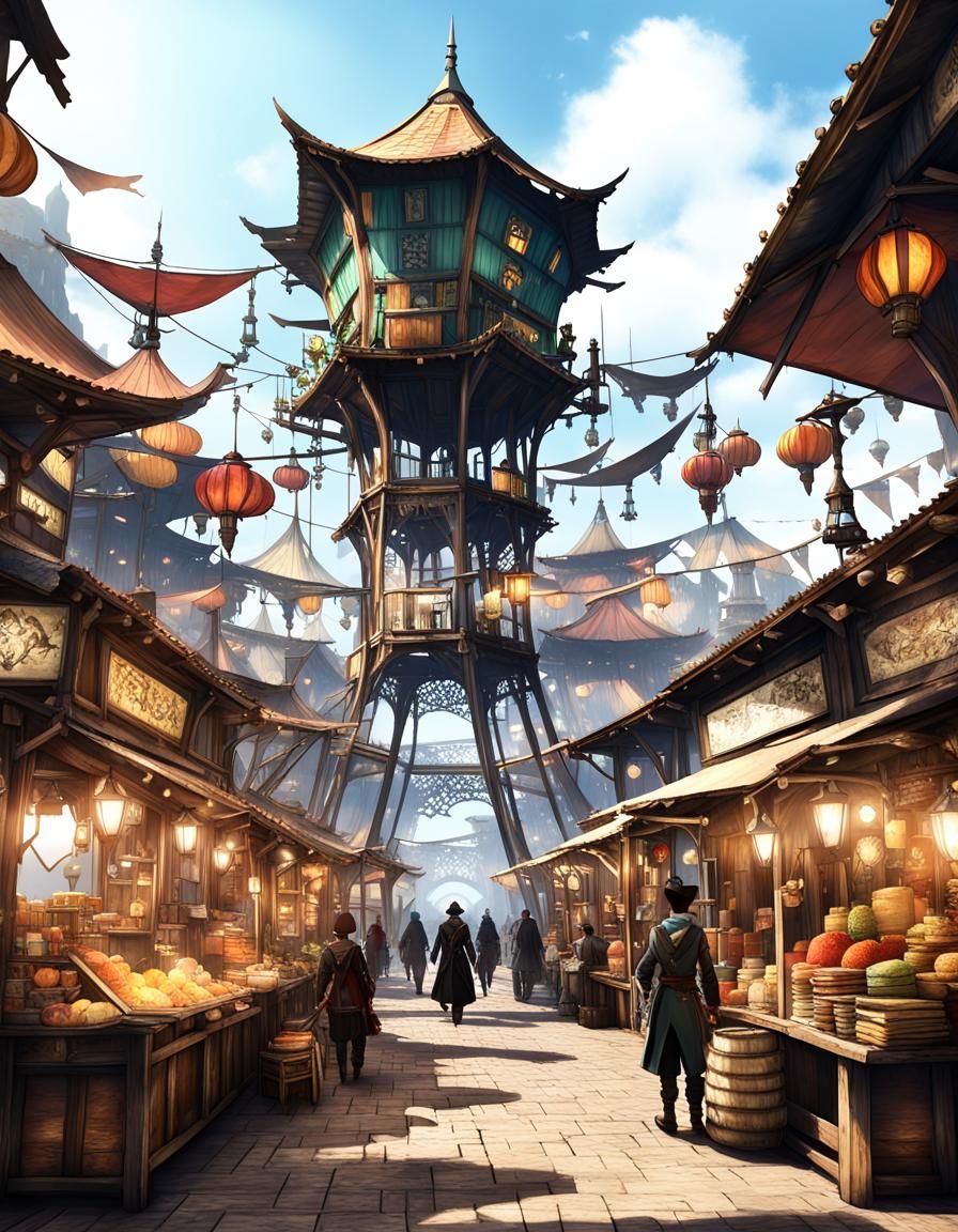 Fantasy Steampunk Marketplace on Stilts