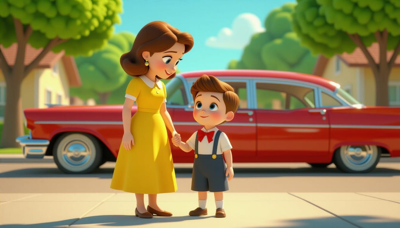 Joyful Mother and Son Beside Red Car in Disney Style