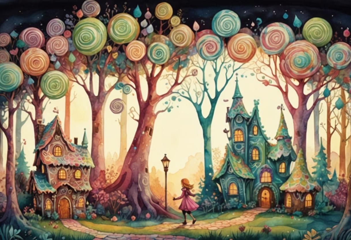 Hansel and Gretel in Candyland Watercolor Illustration