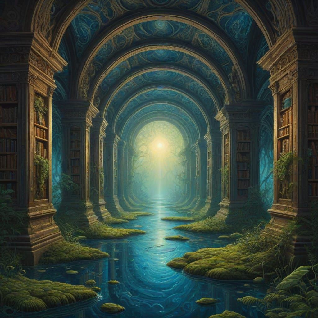 Bioluminescent Swamp Library with Ethereal Flora