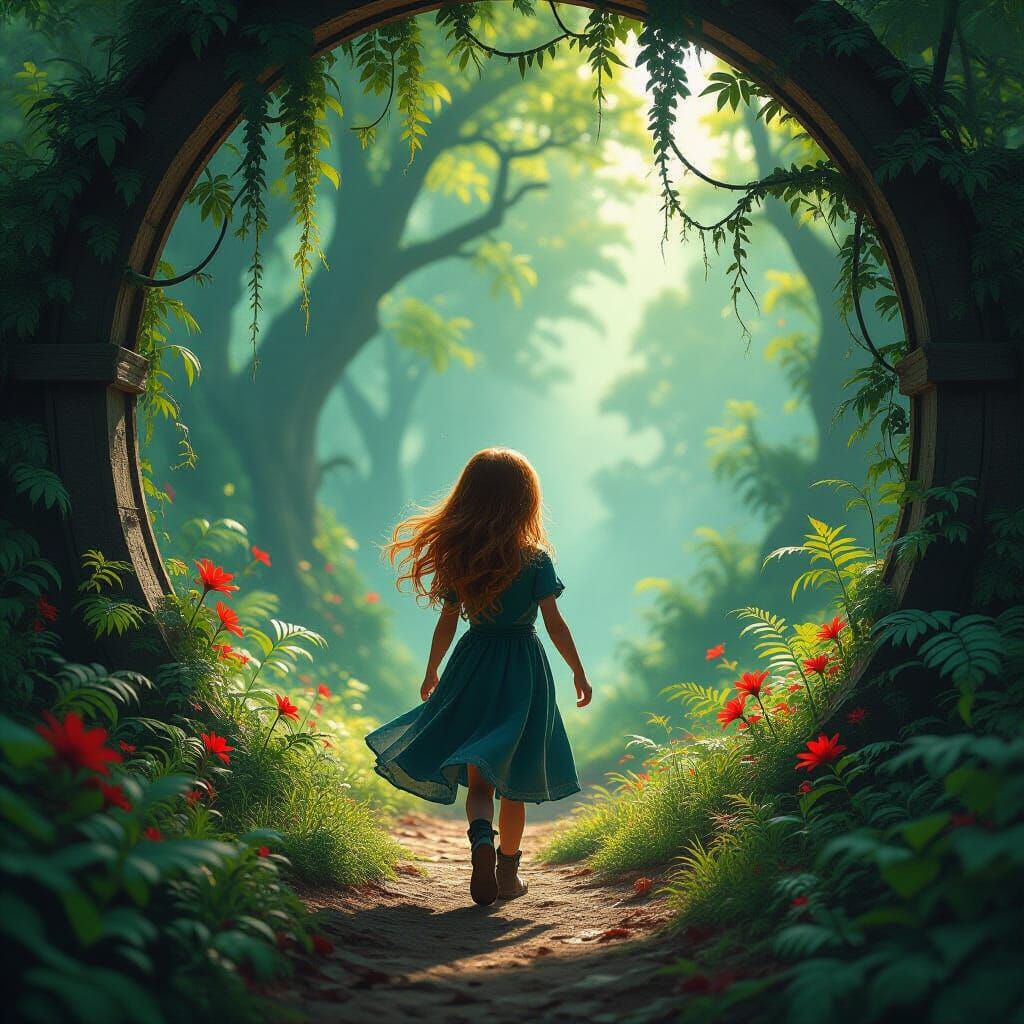 Fantasy Concept Art: Girl in Sun-Dappled Ancient Forest