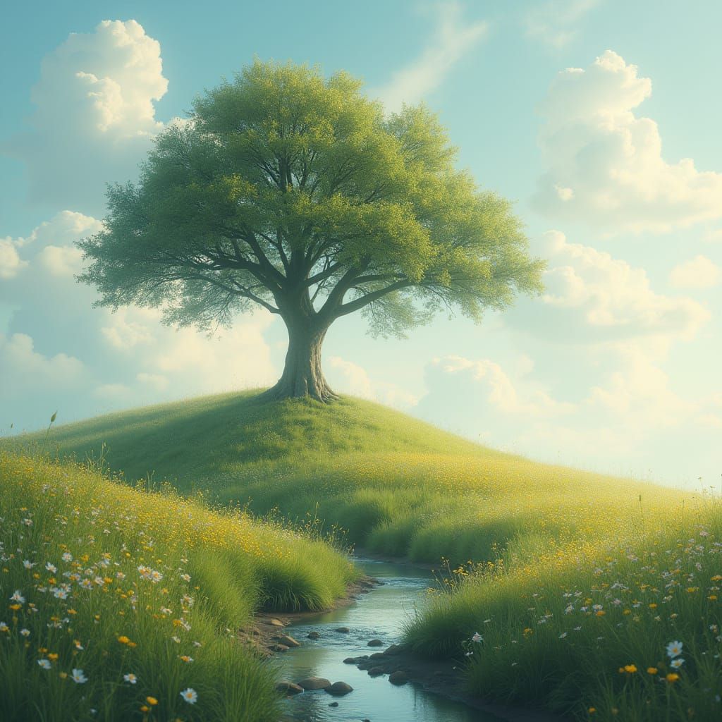 Ancient Tree Under Pastel Clouds on Rolling Hill
