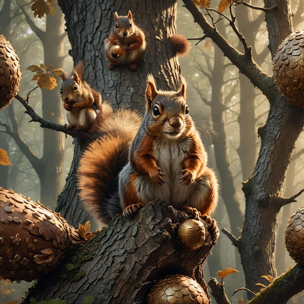 Squirrels on Acorn: Photorealistic Wildlife Concept Art
