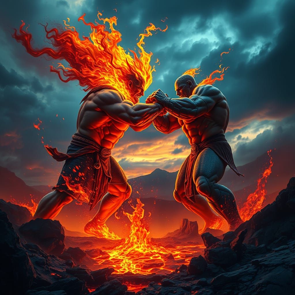 Epic Twilight Titans Clash in Fiery Hyperrealistic Scene