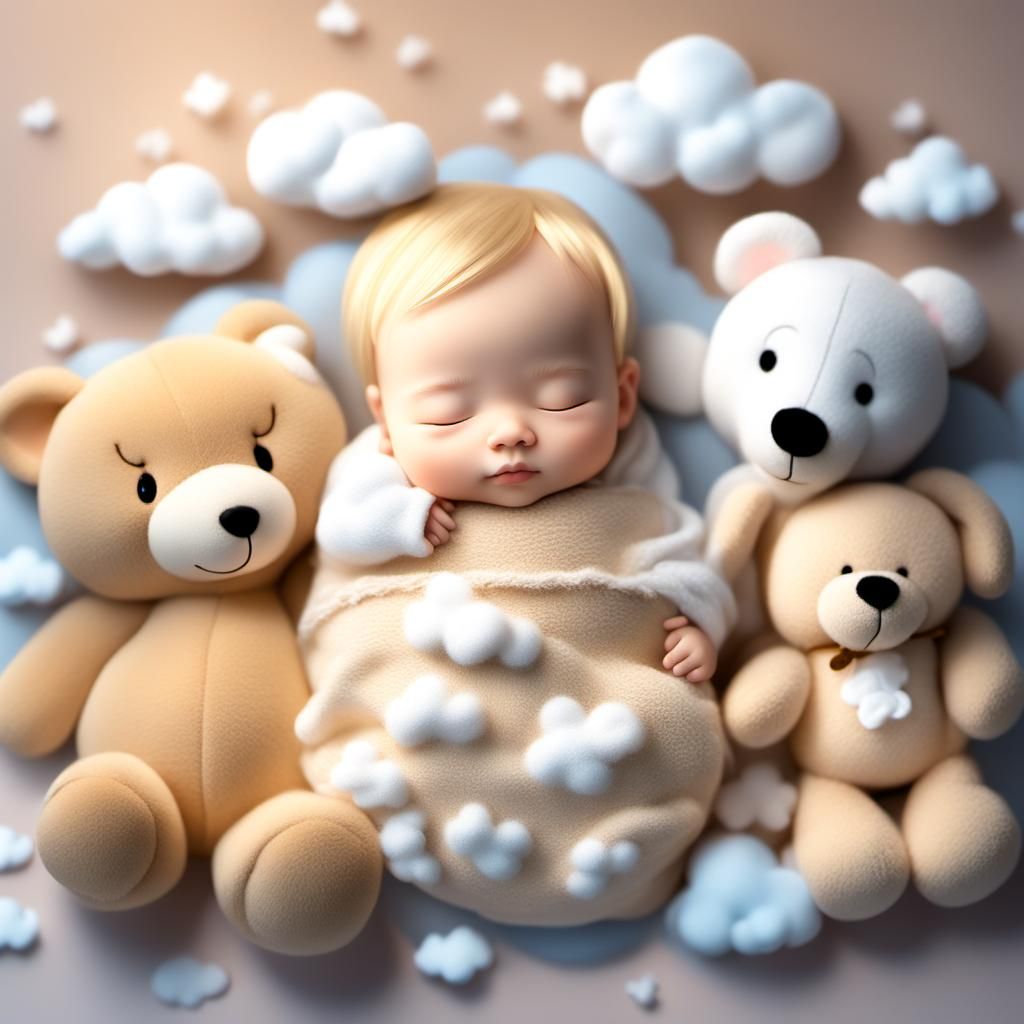 Chibi Cute Newborn Baby Girl Sleeping Among Toys