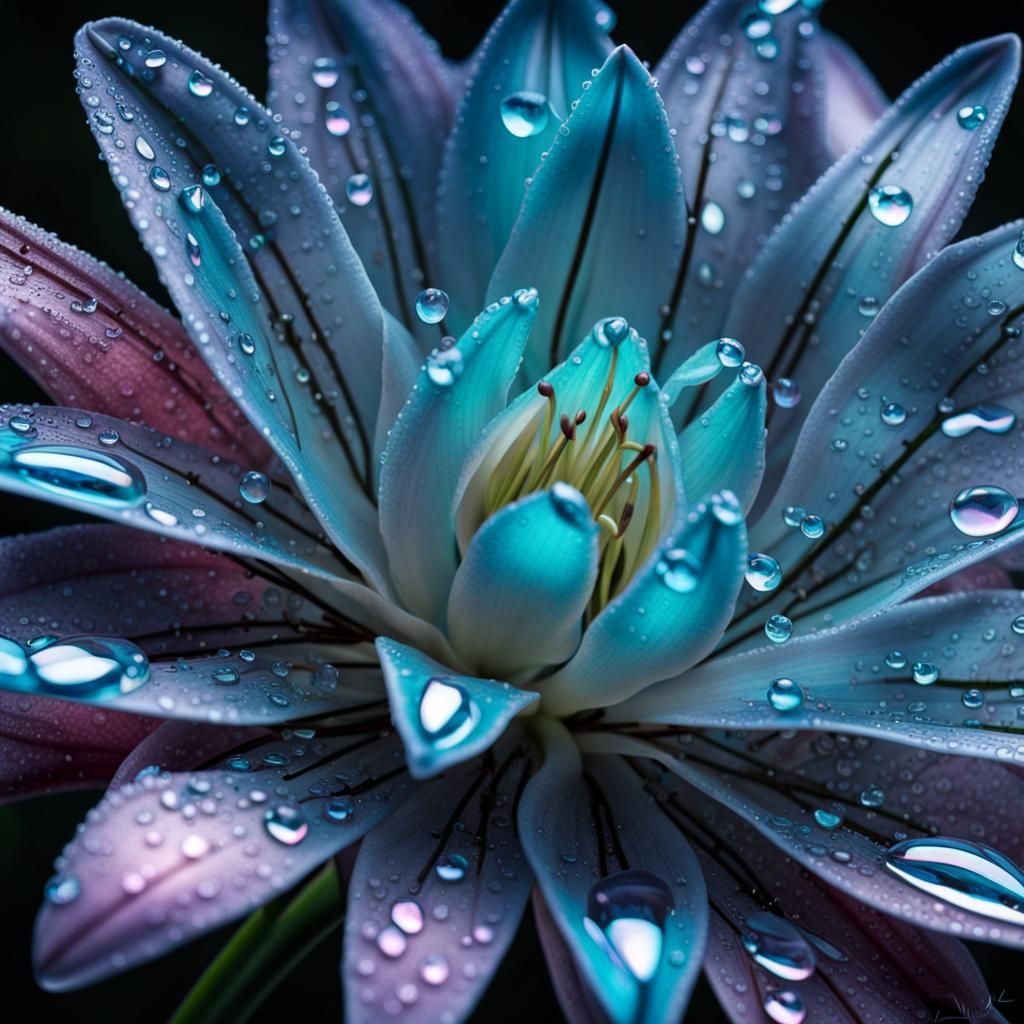 Lily Dew Drops: Hyperrealistic Macro in Art Brut Style