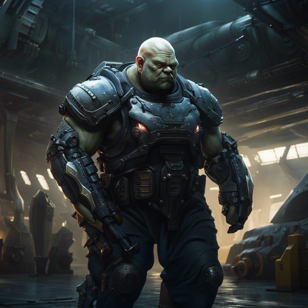 Futuristic Ogre Warrior in Hangar: Dark Fantasy Concept Art