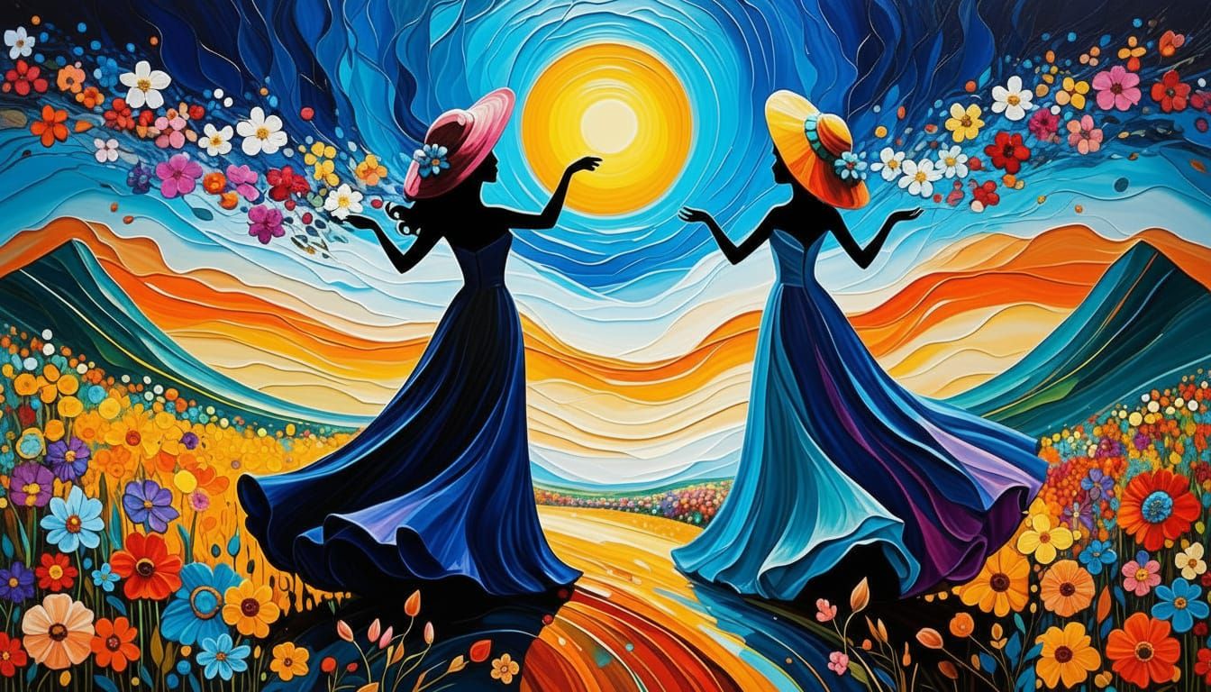 Women in Flowing Gowns Amidst Blooming Biosphere in Oil Pain...