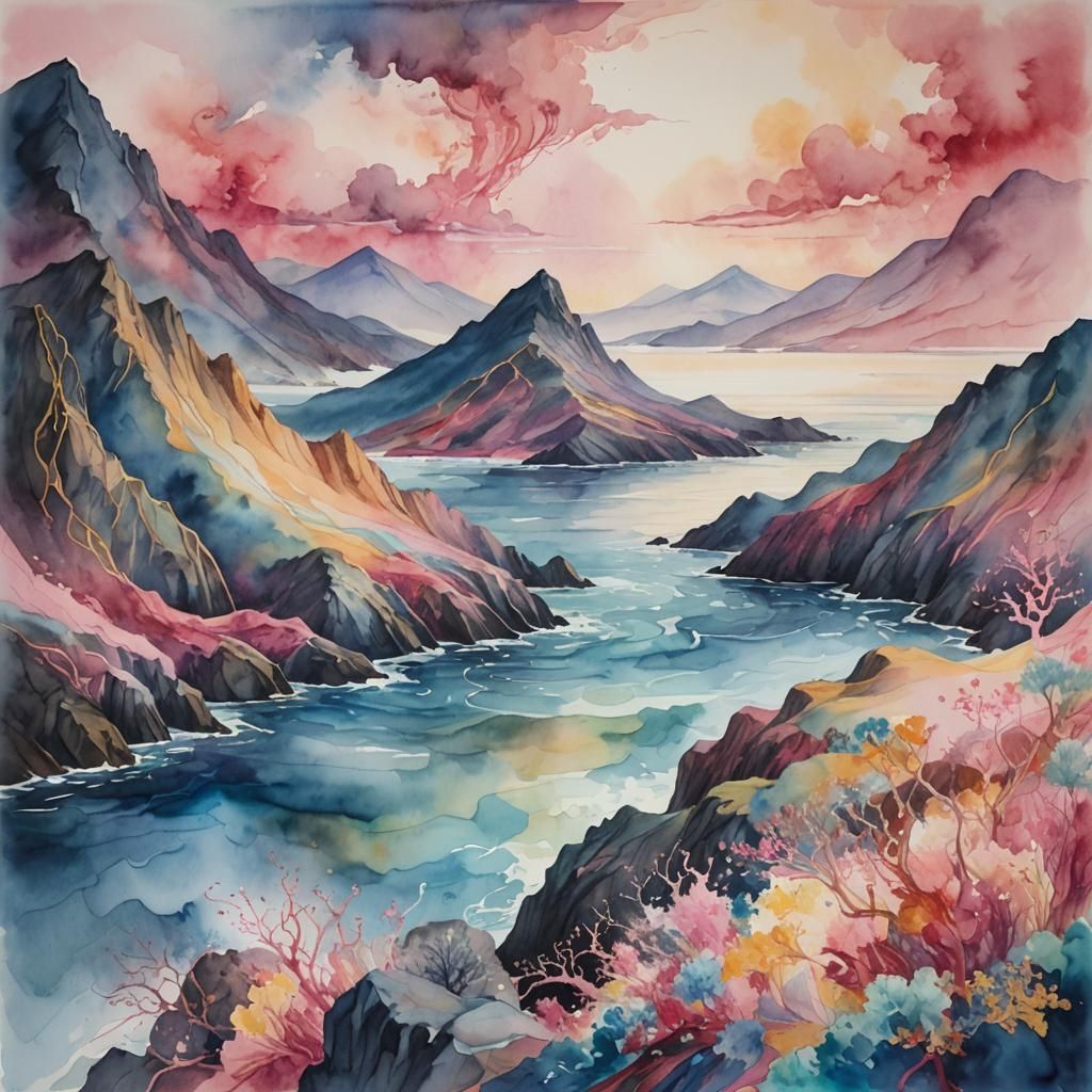 Surreal Landscape of Intertwined Mountain and Ocean