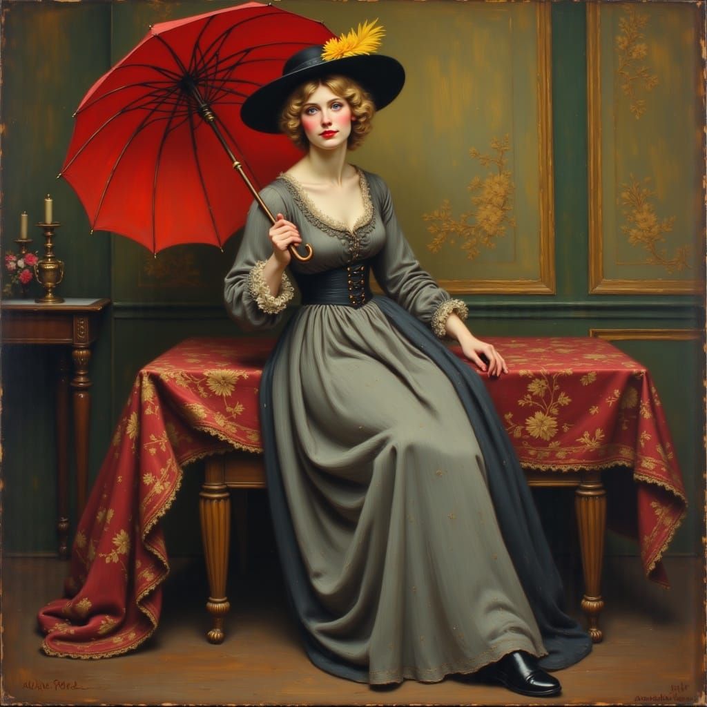 Russian Woman in Grey Dress with Feathered Hat