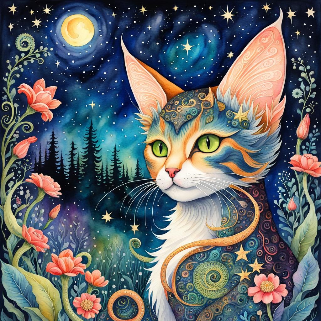 Lovecraftian Cat Fairy in Rococo Watercolor Style