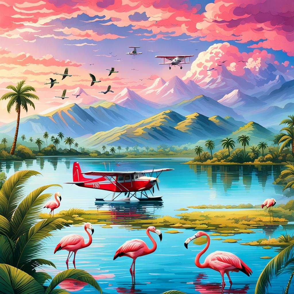 Seaplane Landing on African Lake with Flamingos