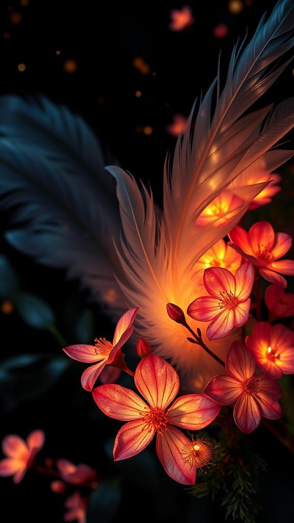 Delicate Ukiyo-e Artwork with Iridescent Feathers and Flower...