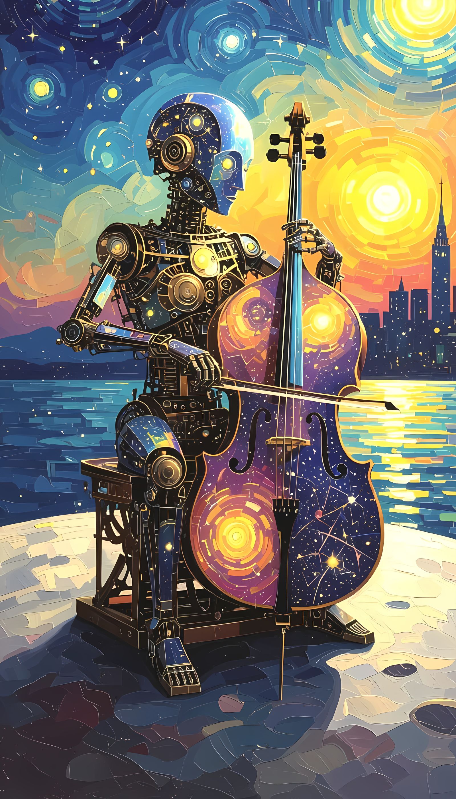 Clockwork Galaxy Automaton Plays Cello on Moon