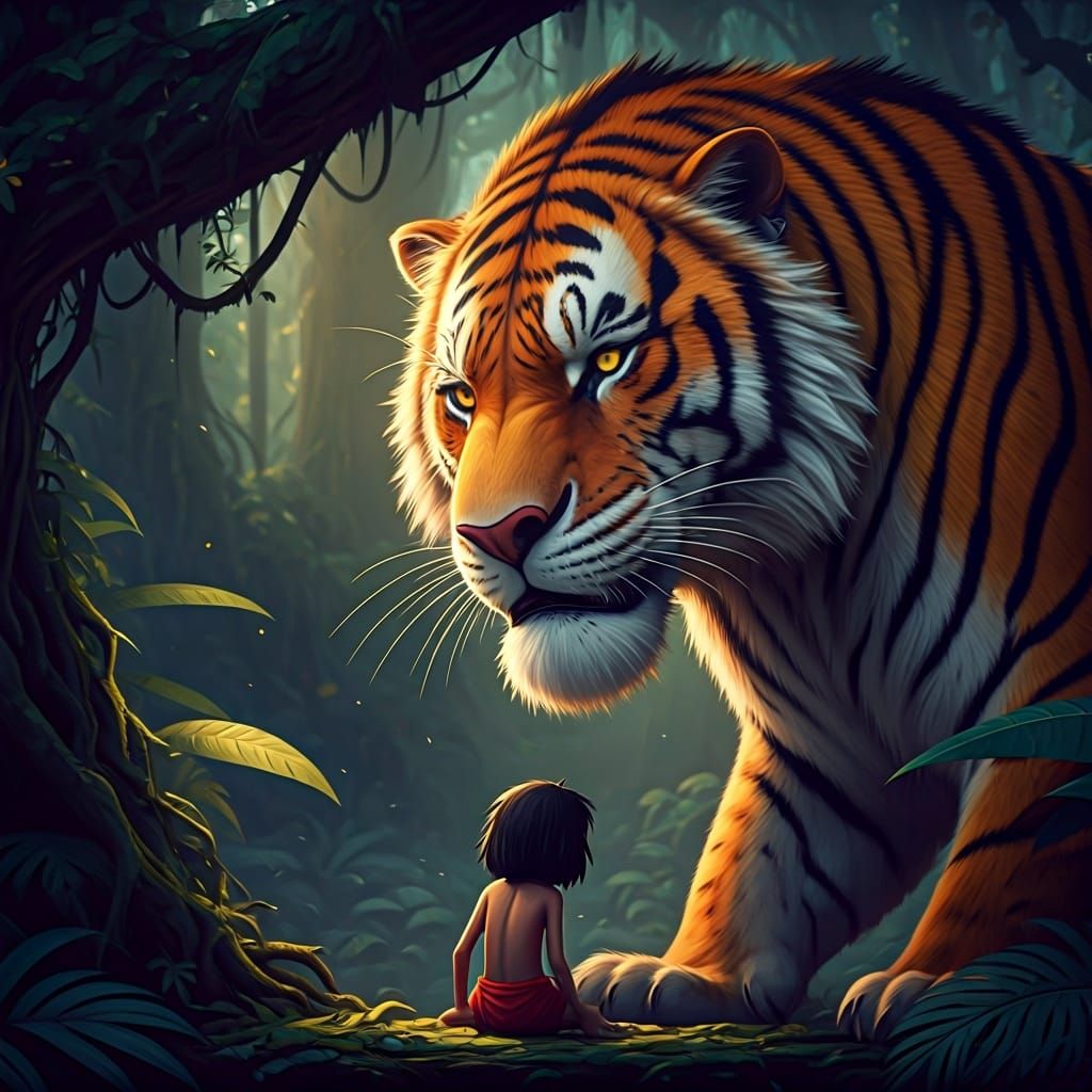 Mowgli and Shere Khan in Dark Fantasy Jungle