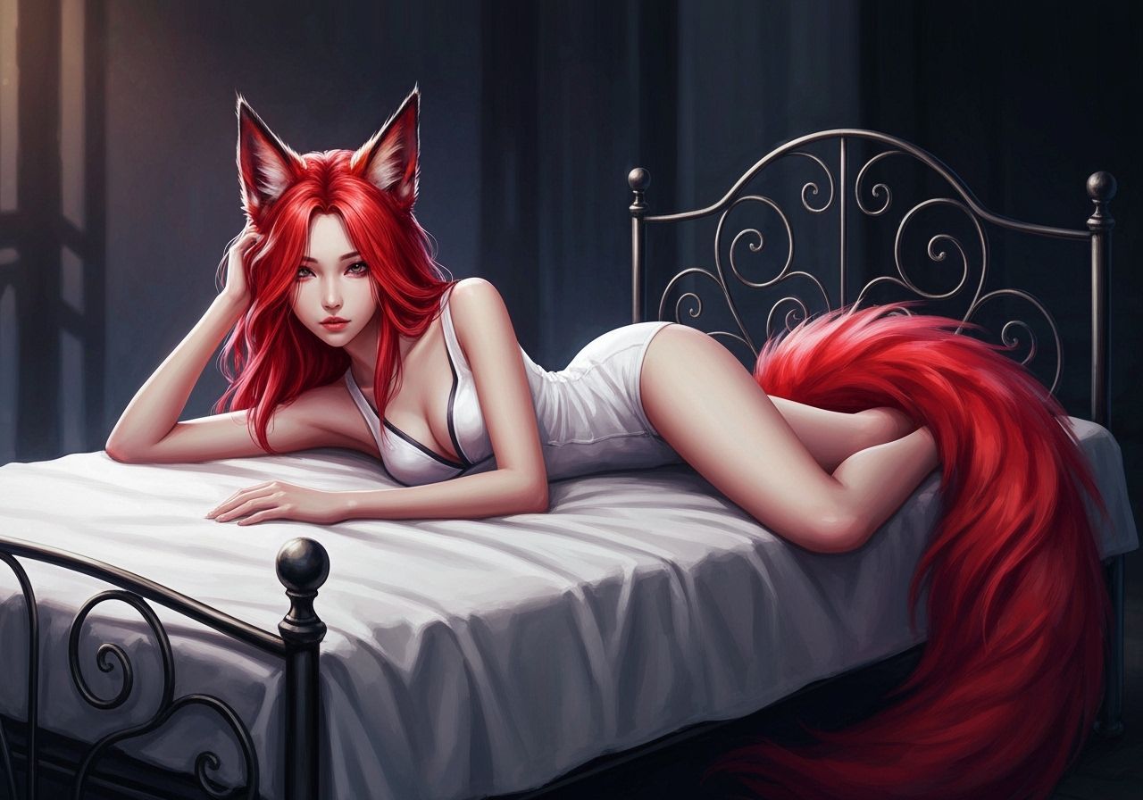 Red-Haired Fox-Woman on Ornate Bed