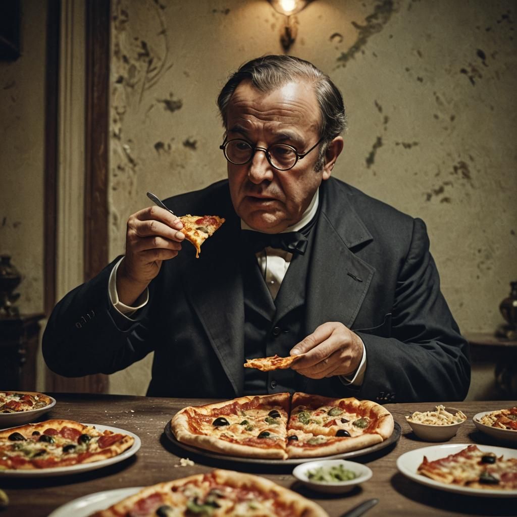 Camillo Benso di Cavour Eating Pizza: Cinematic Film Still