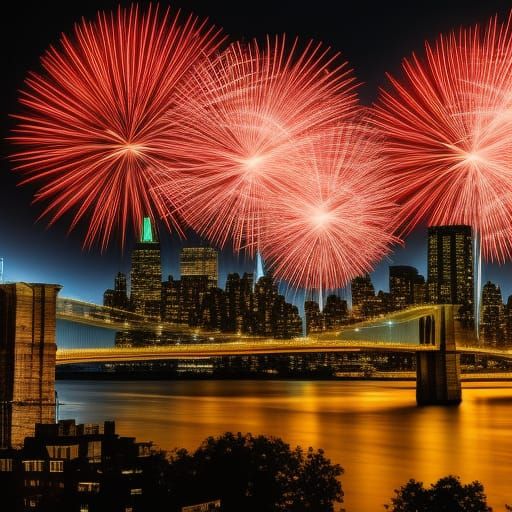 New Year's Fireworks Over Manhattan Night Sky