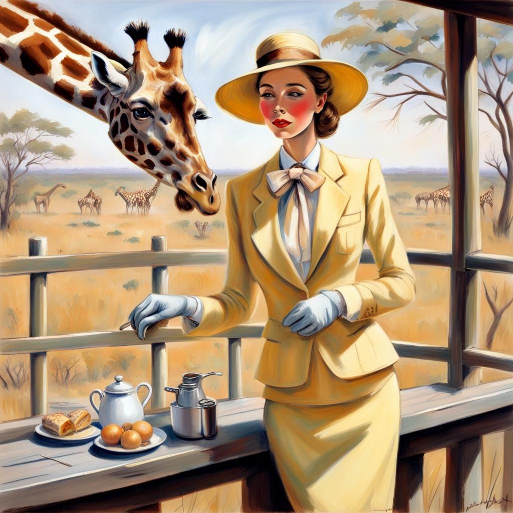 Elegant Woman Shares Breakfast with Giraffe: Pastel Sketch