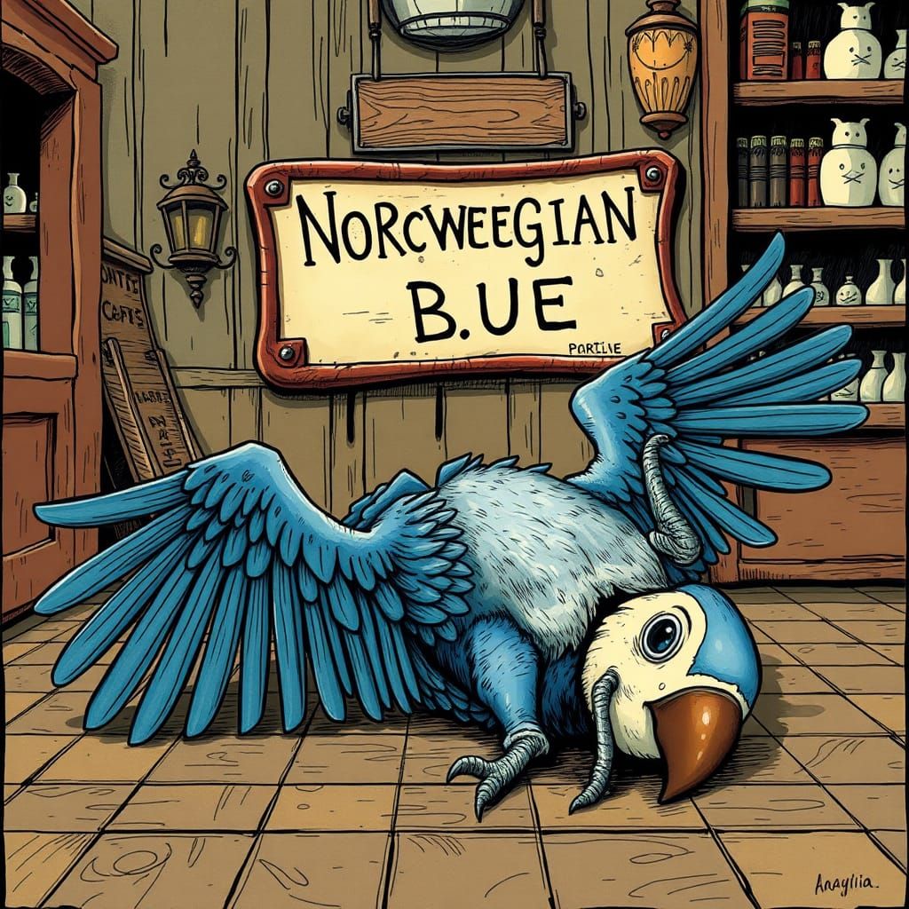 Deceased Parrot in Pet Shop, Surreal Illustration