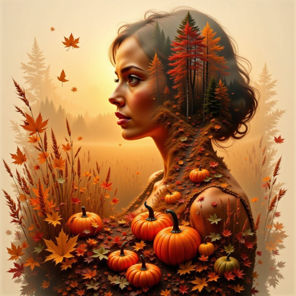 Double Exposure Portrait: Thanksgiving Harvest Scene