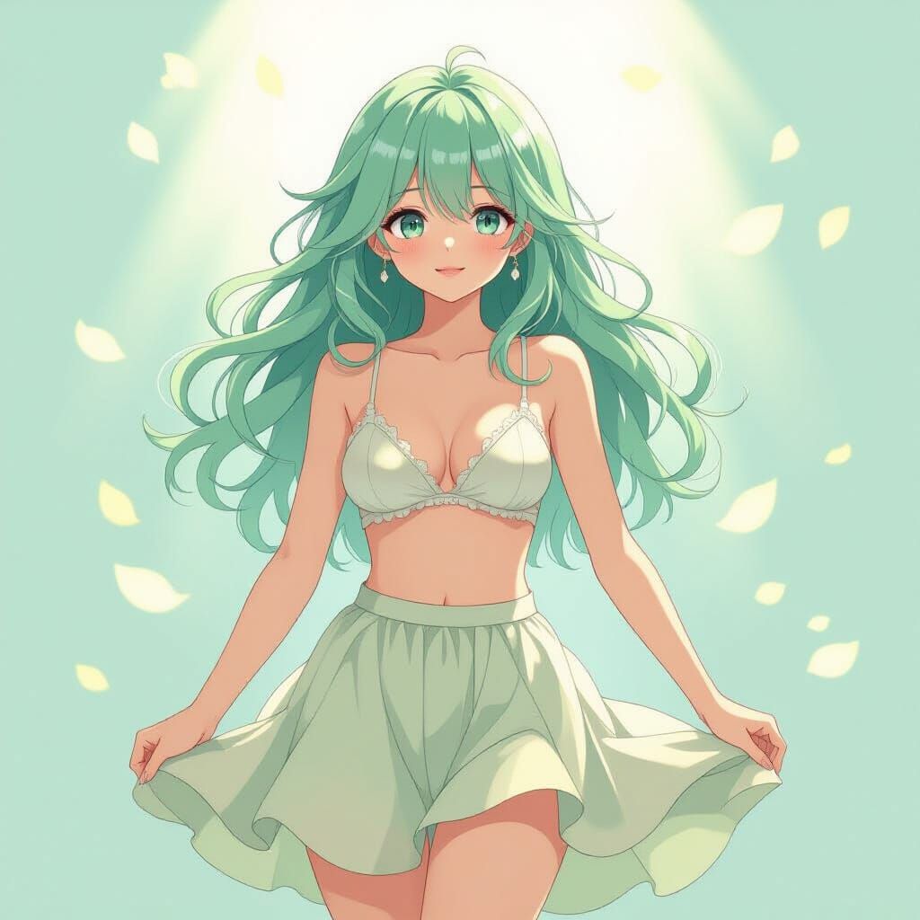 Pastel Green Hair Anime Girl in Ethereal Light