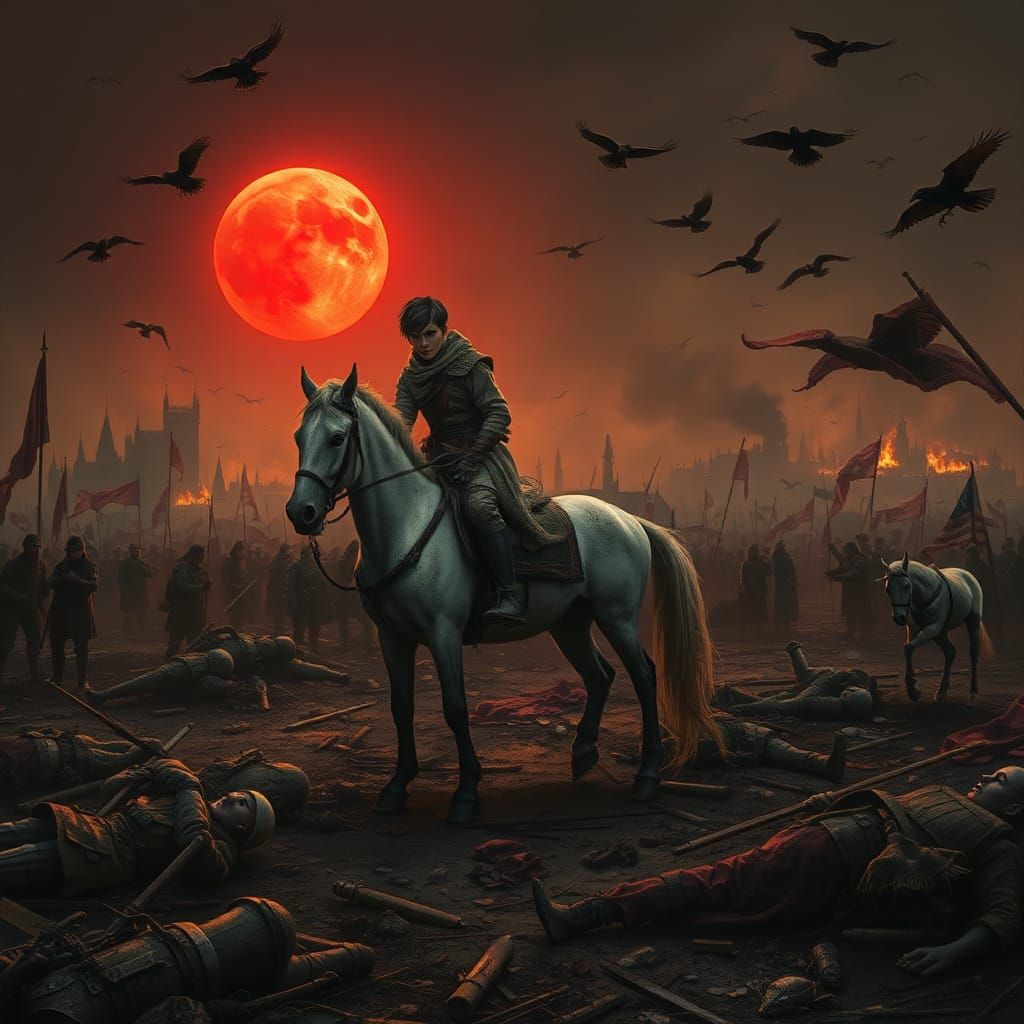 Devastated Battlefield with Lone Rider Under Red Sun