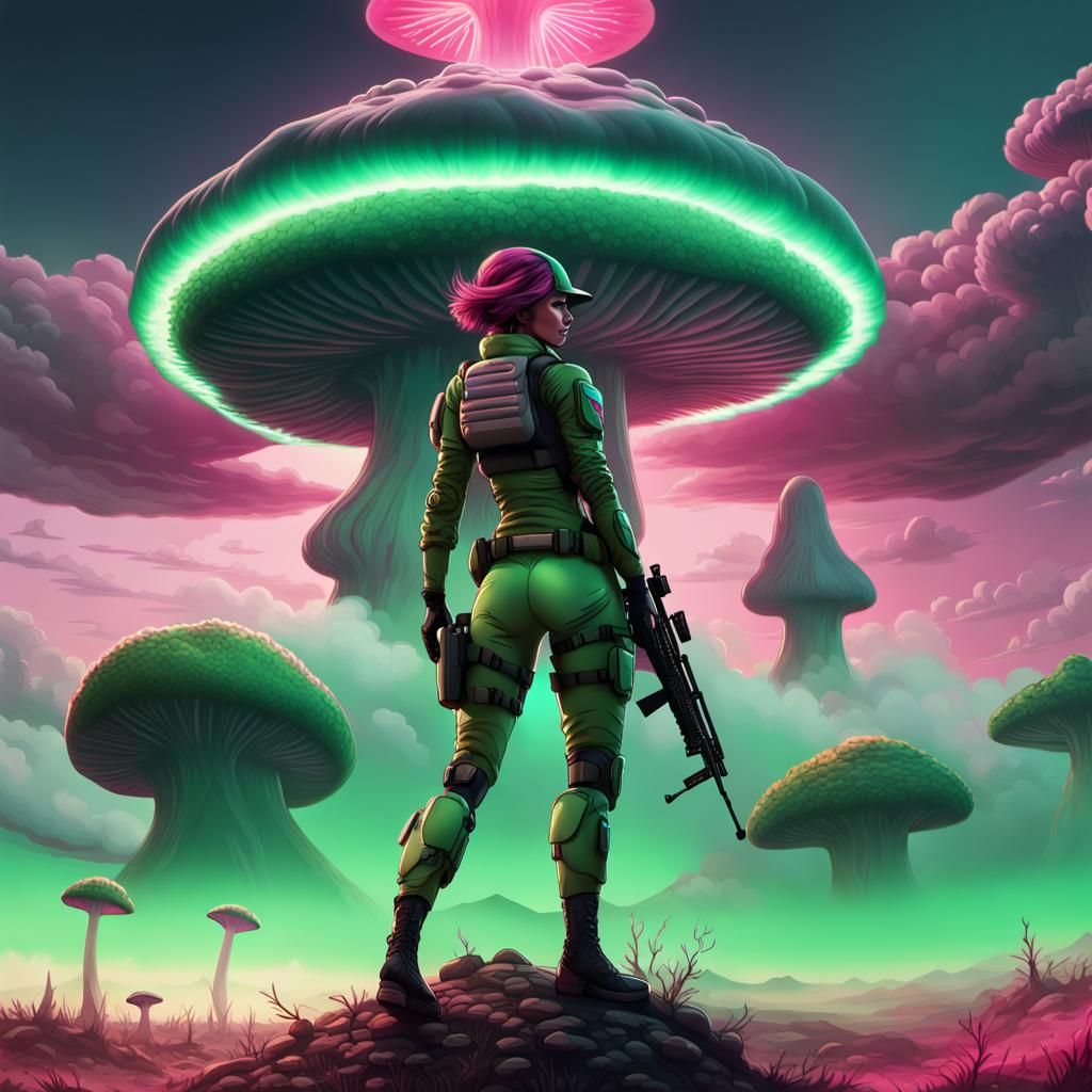 Futuristic Soldier and Mushroom Cloud in Psychedelic Art