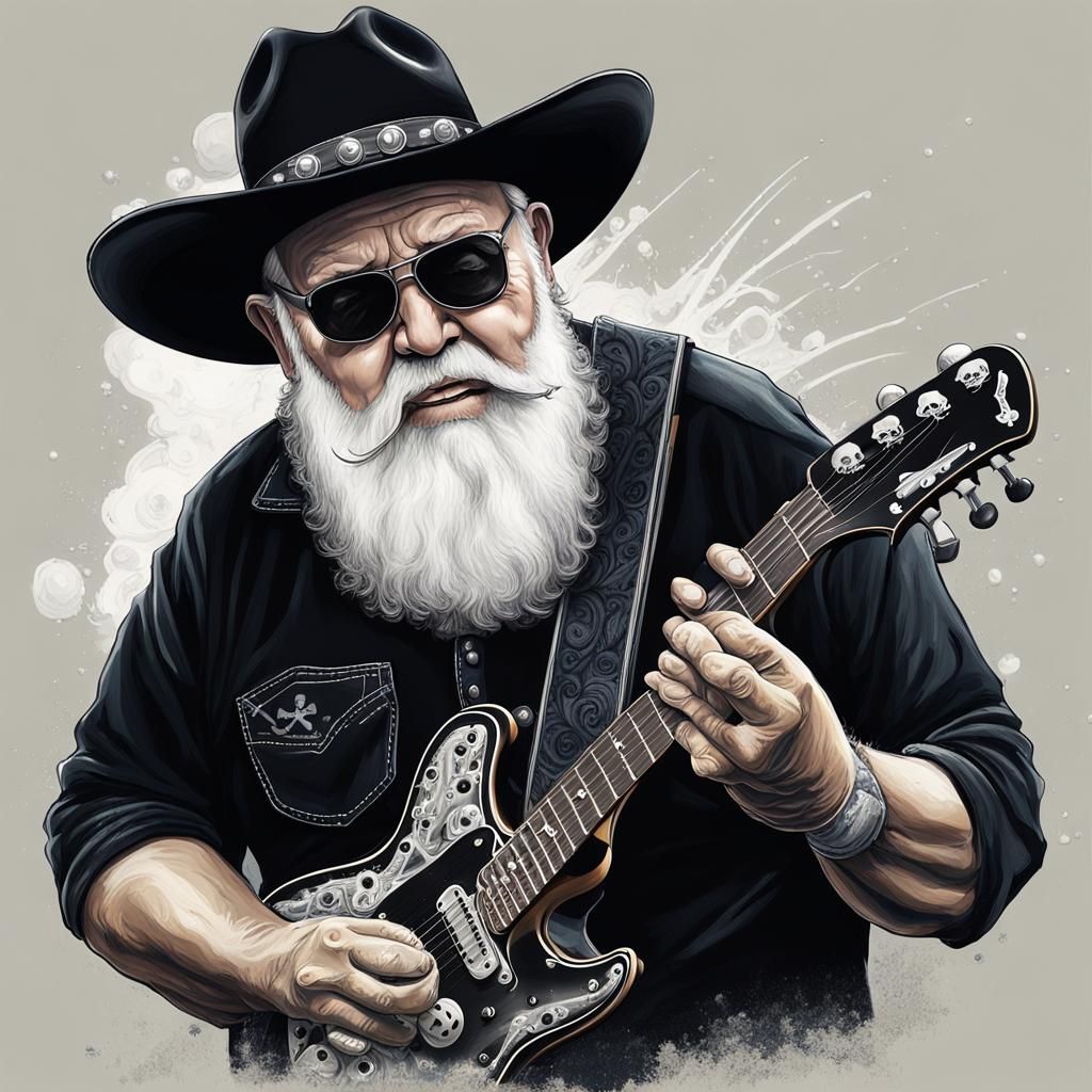 Hyperrealistic Man Playing Guitar with Skull T-Shirt