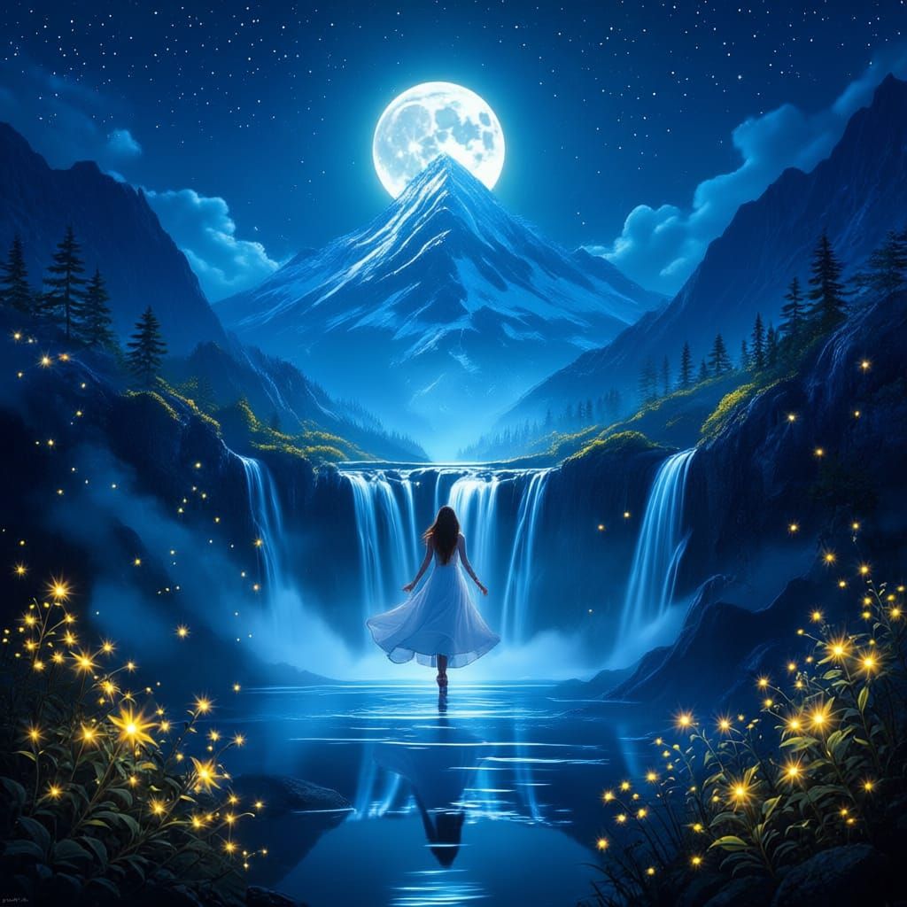 Moonlit Waterfall Over Mountain Peak with Glowing Flowers