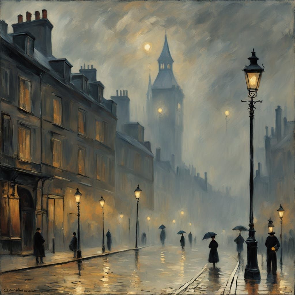 Victorian London Fog at Dusk in Impressionist Style