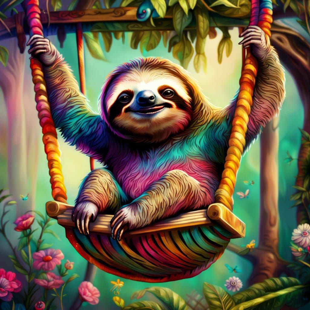 Happy Sloth on a Garden Swing