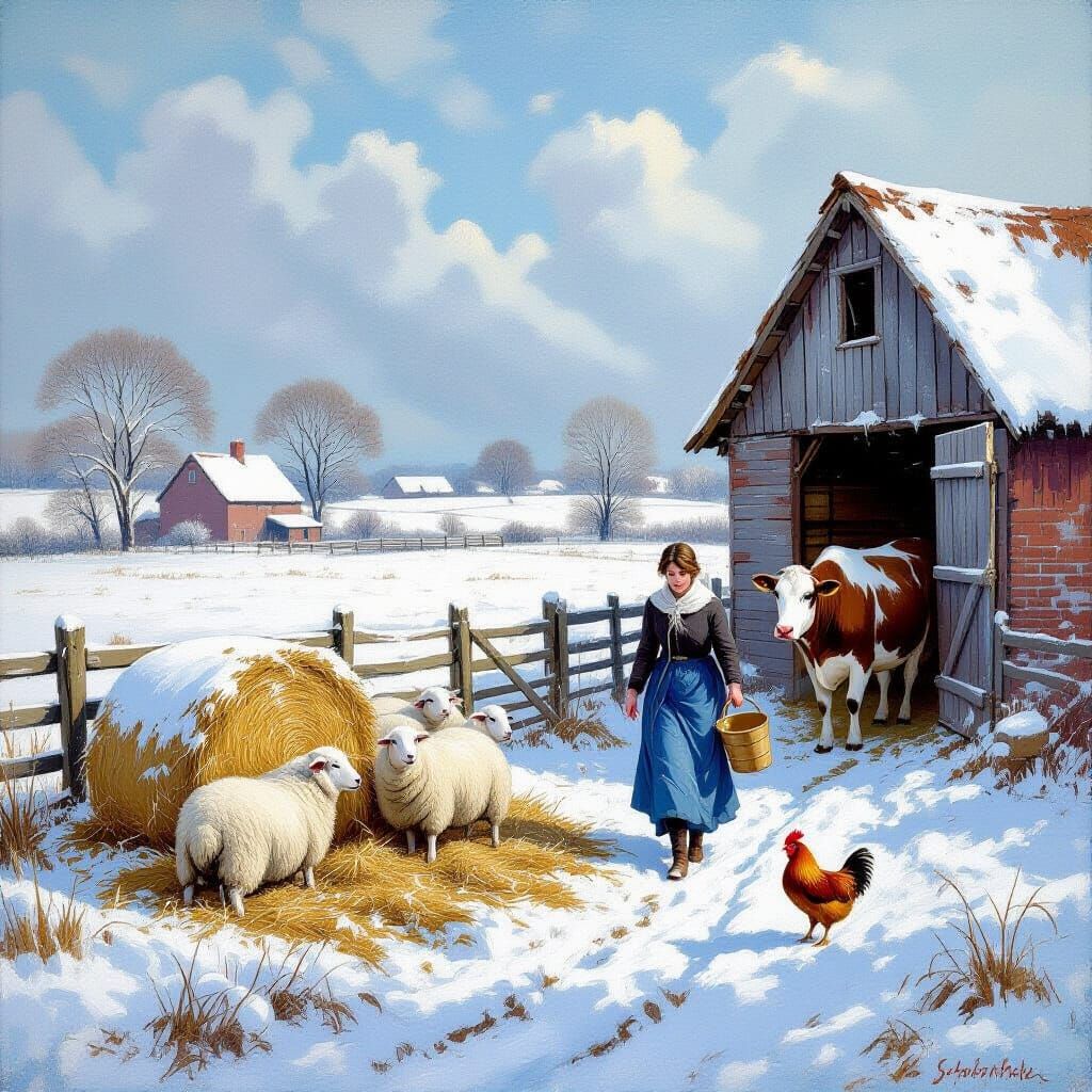 English Farm Winter Scene Oil Painting